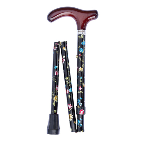 Extra Short Petite Adjustable Folding Derby in Black Floral-Classy Walking Canes